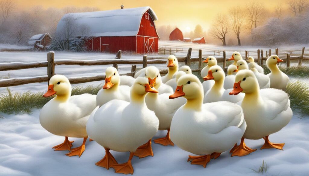 American Pekin ducks in a winter farm scene.