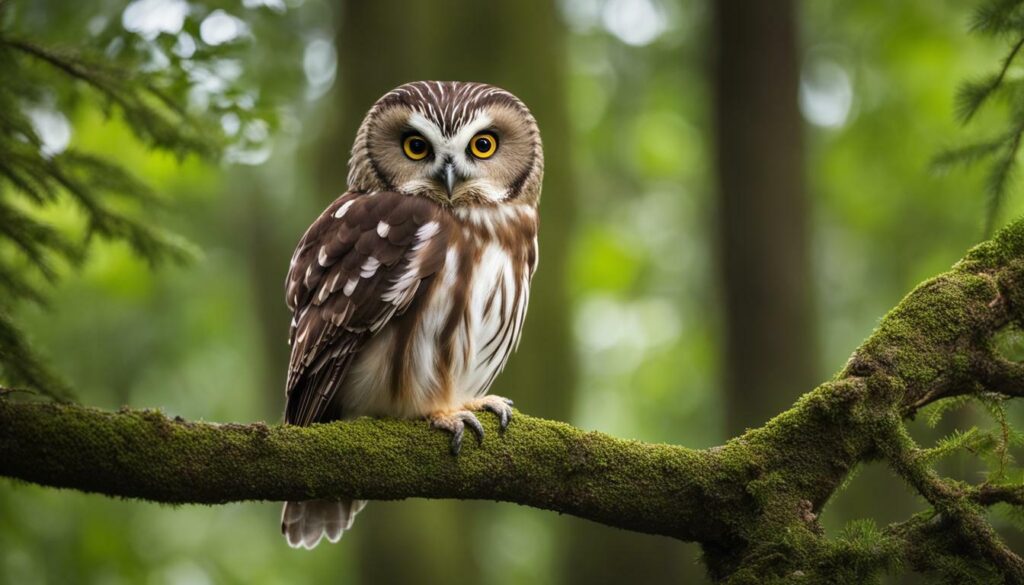Brown and white Northern Saw-whet Owl