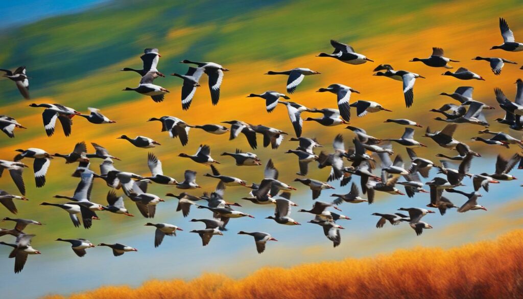Geese flying in V formation during migration