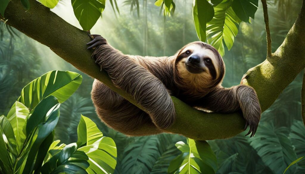 Image of a sloth hanging from a tree branch