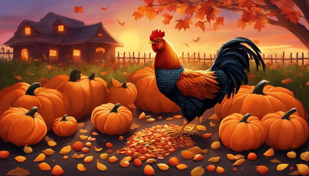 chickens eating pumpkin seeds