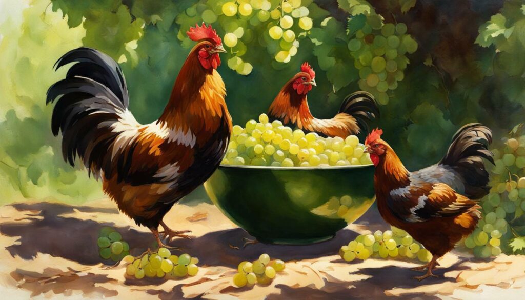 chickens enjoying green grapes