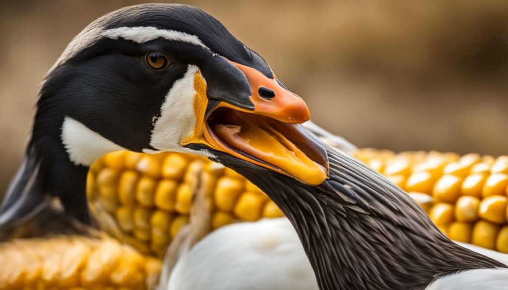 goose eating corn