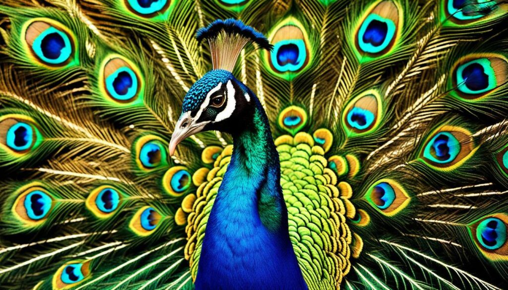 vibrant colors of male peacock's plumage